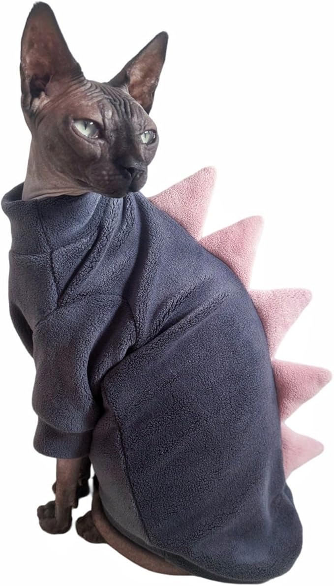 Dinosaur Sphynx Cat Clothes, Soft Polar Fleece Sweater for Cat, Elastic Pet Clothes Thick Winter Warm Outfit for Hairless Cat, Devon, Cornish, Small Dogs Apparel with Sleeves (Grey, X-Large)