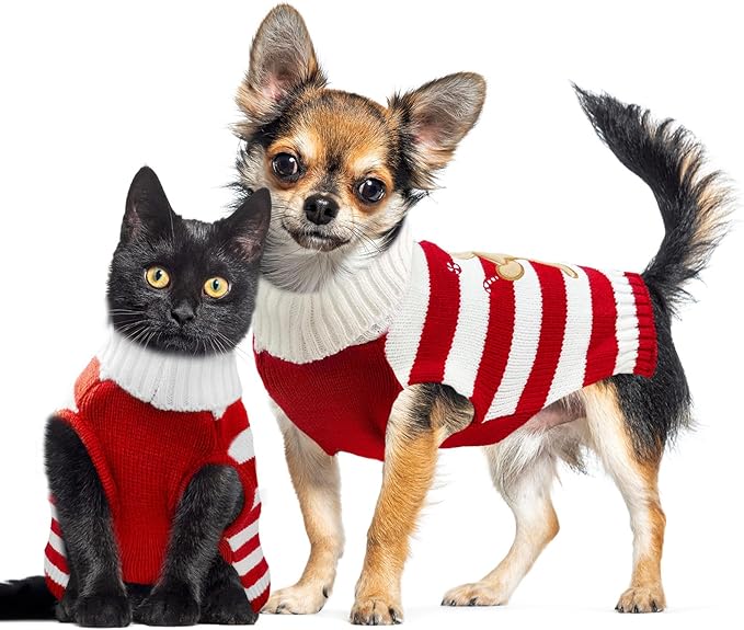 Dog Christmas Sweater Xmas Pet Clothes Cute Striped Gingerbread Man Costume Holiday Puppy Cat Jumpers Outfits New Year Gifts for Small Medium Large Dogs(Red Gingerbread Man,S)