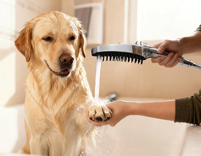G-Promise 3 Mode Dog Shower Attachment with Pause Mode, Dog shower Sprayer with 118 Inches Stainless Steel Hose, Metal Diverter, Adhesive Holder, for Fast and Easy Dog Bathing and Cleaning(Chrome)