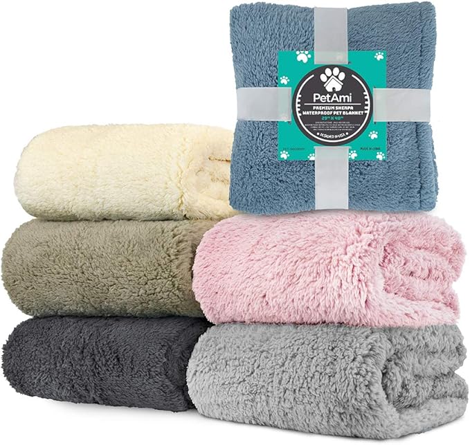 PetAmi Fluffy Waterproof Dog Blanket for Small Medium Dogs, Soft Warm Pet Sherpa Throw Pee Proof Couch Cover, Reversible Cat Puppy Bed Blanket Sofa Protector, Plush Washable Pad (Grey, 29x40)