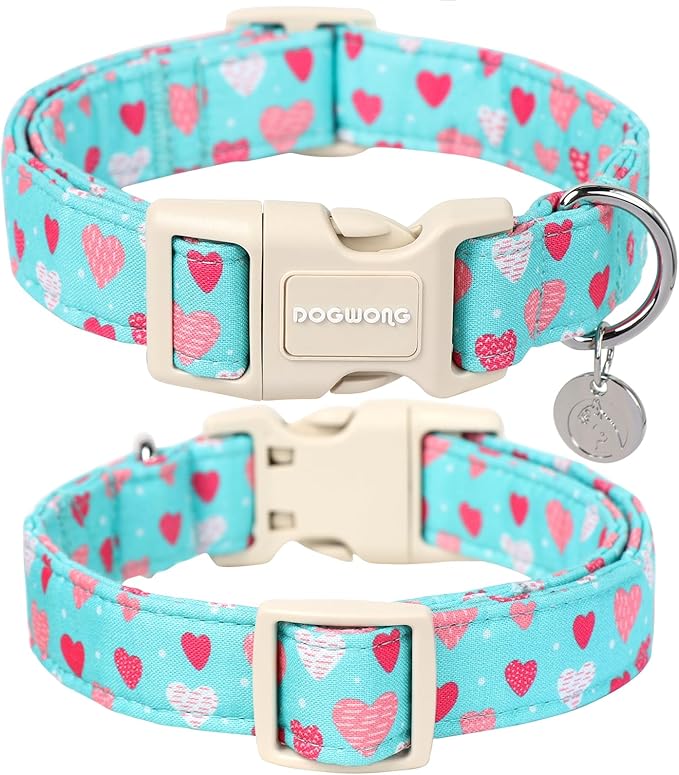 DOGWONG Valentine's Dog Collar - Blue Heart Adjustable Cotton Heart Dog Collar - Perfect for Medium & Large Dogs
