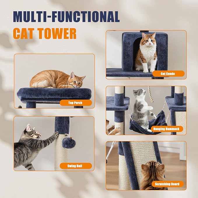 Sweetcrispy 63 inch Cat Tree Tower, Large Multi Level Cat Climbing Tower with Condo, Natural Sisal Scratching Posts, Extended Platform, Hammock, Pet House for Indoor Cats and Kittens Play, Dark Blue