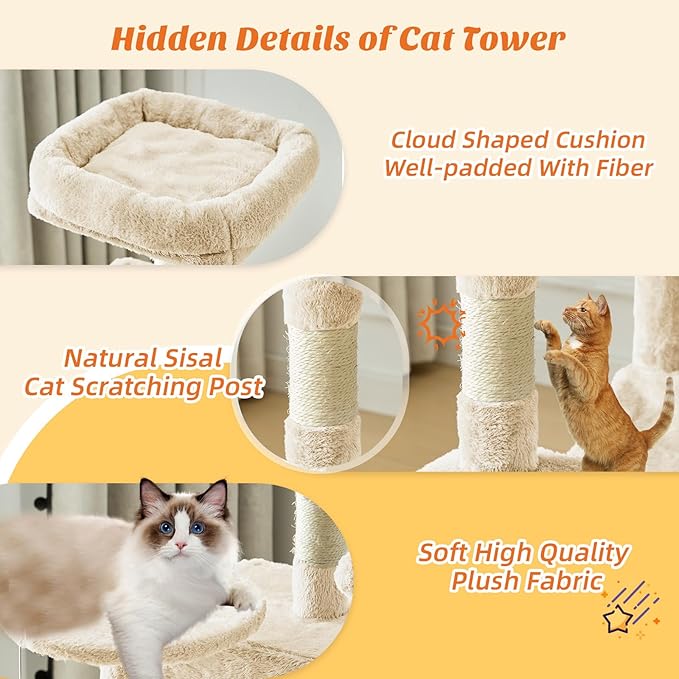 Sweetcrispy 44 inch Cat Tree Tower, Small Cat Climbing Tower with Condo, Natural Sisal Scratching Posts, Extended Platform, Hammock, Pet House for Indoor Cats and Kittens Play, Beige