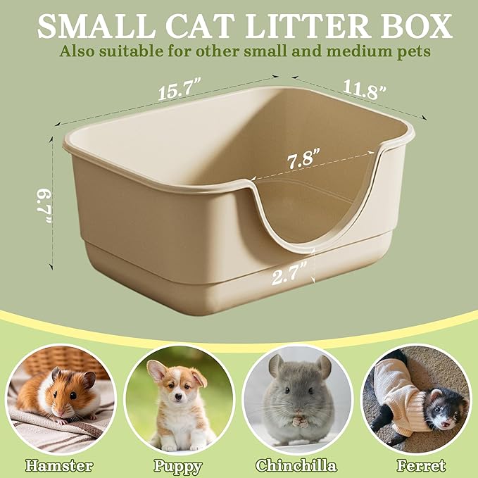 Low Entry Small Litter Box for Kittens, Kitty Plastic Litter Boxes, Open Top, Anti-Splash High Sided Litter Tray Pan for Medium Pets, Puppy, Easy to Clean, 15.7" L*11.8" W*6.7" H (Beige)
