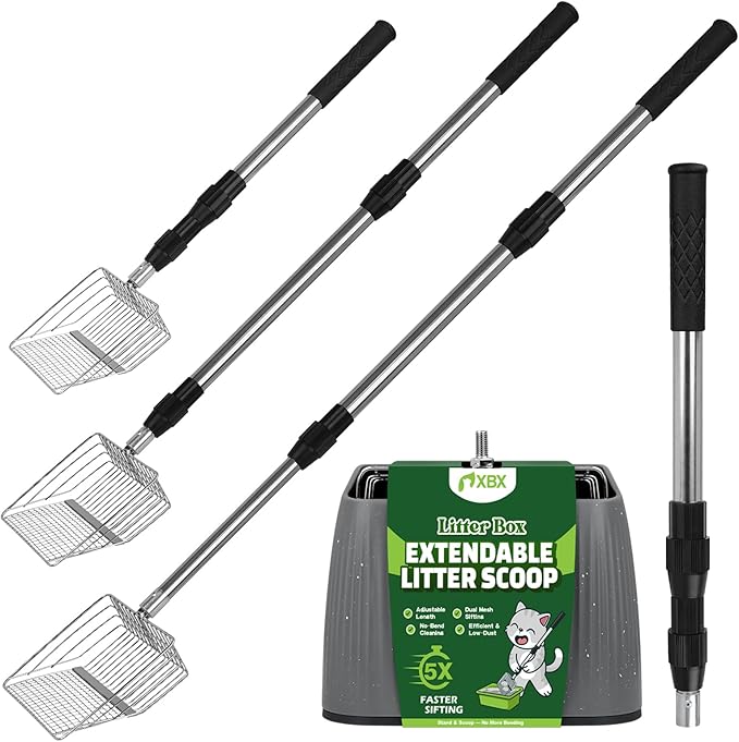XBX Long Handle Cat Litter Scoop with Holder, Adjustable Extendable Metal Litter Scooper, Stainless Steel Shovel Sifter for Litter Box Cleaning, Durable Cat Pooper Scooper for Home Use