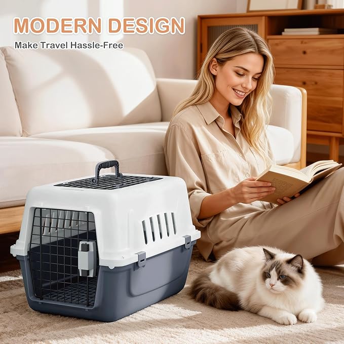MoNiBloom 22-Inch Dog Crate Plastic 2-Door Top Loading Cat Carrier, Hard-Sided Dog Travel Carrier for Small Dogs and Cats, Ventilation and Security Lock Design for Pets up to 22 lbs (Grey)