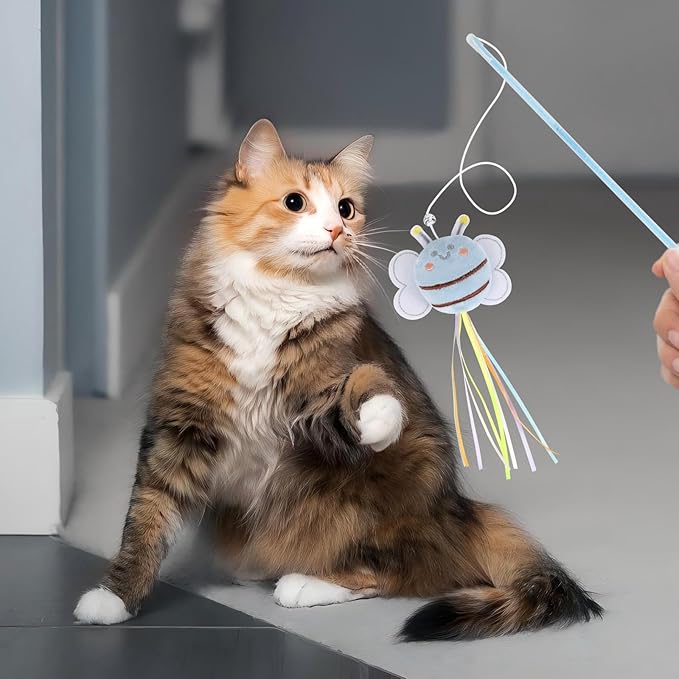 NOWFRESH Cat Wand Toy Set, 2 PCS Interactive Cat Teaser Wands with Cute Paper Balls & Paper Circles Designs, Equipped with Bells and Streamers to Captivate Your Cat’s Attention