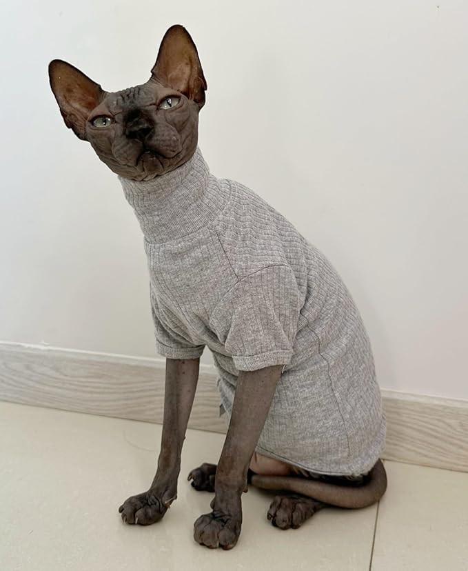 Sphynx Hairless Cats Shirt Cotton Cat Turtleneck Sweater Pullover Kitten T-Shirts with Sleeves Cat Pajamas Jumpsuit for Sphynx Cornish Rex, Devon Rex, Peterbald (Small (Pack of 1), Light Grey)