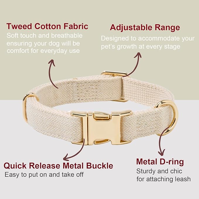 Soft Cotton Hemp Dog Collar with Metal Buckle Adjustable Tweed Dog Collars for Small Medium Large Dogs(Beige,Small)