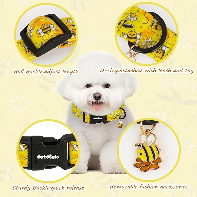 Yellow Dog Collar for Large Dogs, Spring & Summer Theme Large Dog Collars Featuring Bee Pollinating White Flowers Pattern, Adjustable Cotton Collar for Girl Boy Dogs -L