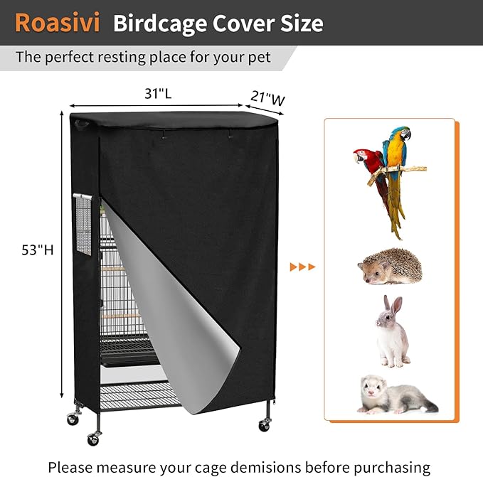 Roasivi Universal Large Birdcage Cover Black Out and Breathable Cages Cover for Parrots and Other Small Animals Durable Waterproofing Washable Material 31" L x 21" W x 53" H Black