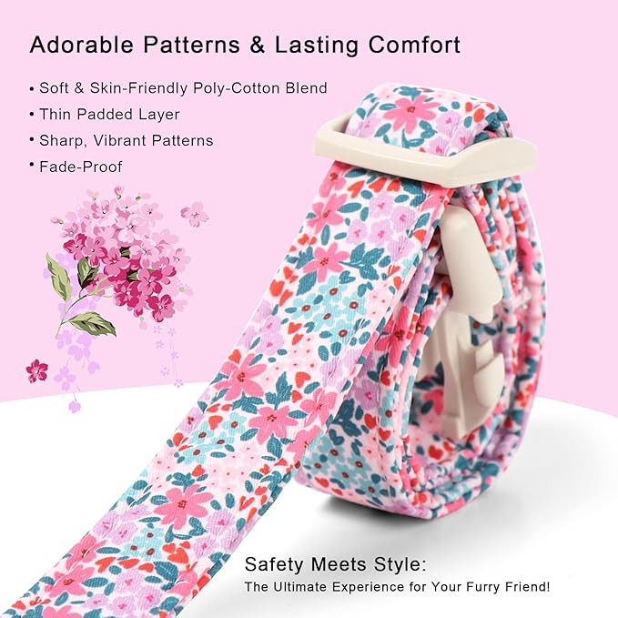 Floral Dog Collar, Cute Girl Dog Collars - Pastel Wildflowers Pattern Spring Summer Puppy Collar, Adjustable Female Dog Collars for Small Medium Large Dogs S