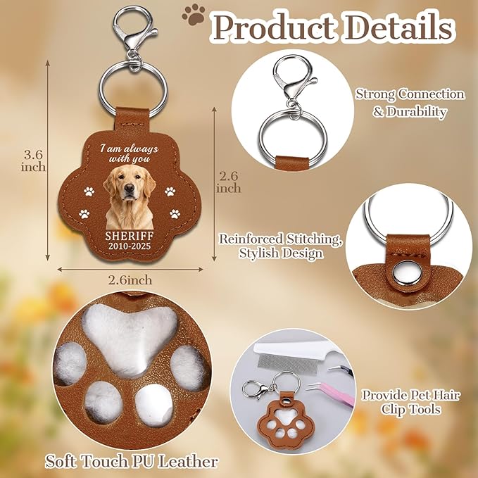 Eunigem Personalized Pet Memorial Gifts for Dogs Cats-Custom Dog Hair Keychain Paw Keychains for Dog Fur-Shaped Leather Keychain,Remembrance Accessory Pet Hair Keepsake for Bag or Key