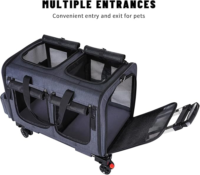 Cat Carrier for 2 Cats,Cat Carrier with Wheels for Cats and Dogs, Foldable Double Pet Carrier, Rolling Dog Carrier with Detachable Wheels and Telescopic Handle,2 Front Zippered Compartments Gray