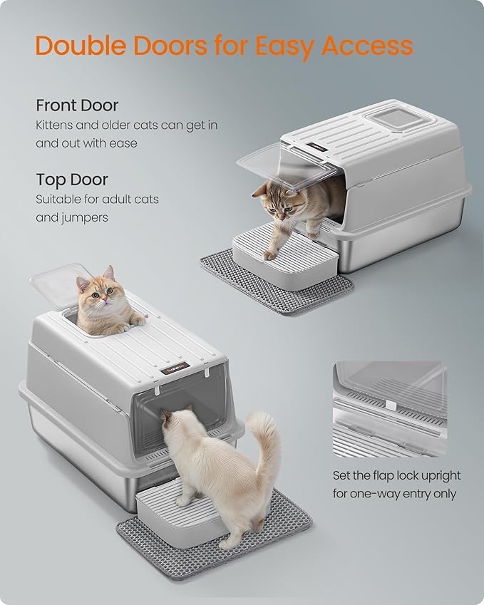 Feandrea Stainless Steel Cat Litter Box with Flip Lid, Litter Catcher Mat and Box, 2 Doors, Scoop, for Cats up to 33 lb, Dove Gray UPPT007GN01