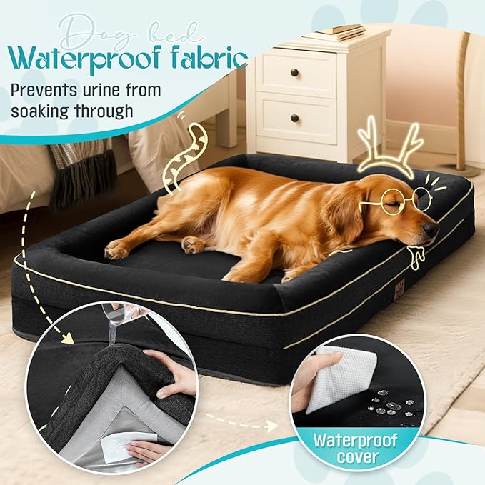 Waterproof Memory Foam Dog Beds for Extra Large Dogs Non-Slip Orthopedic Dog Beds Washable Couch Pet Bed with Removable Cover (Black, Large)