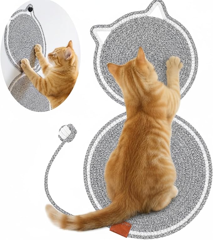 25.6 Inch Large Scratching Mat for Indoor Cats Natural Cotton Rope Flat Scratcher with Ear Hooks and Ball Toy Cat Scratch Rug Pad for Wall, Couch, Carpets, Sofas(Light Gray)