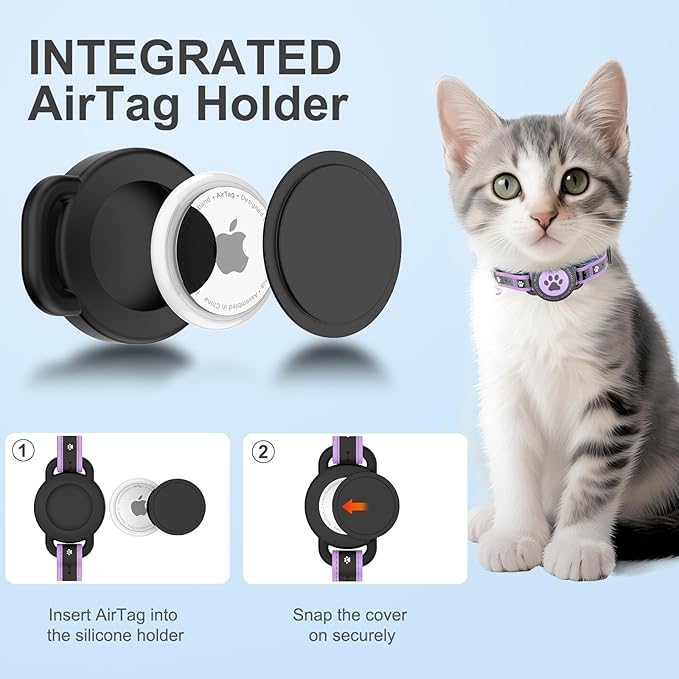 Airtag Cat Collar Breakaway, Reflective Cat Collar with AirTag Holder and Bell, Compatible with Apple Air Tag, Comfortable Padding, Adjustable, Durable (Purple, XS)