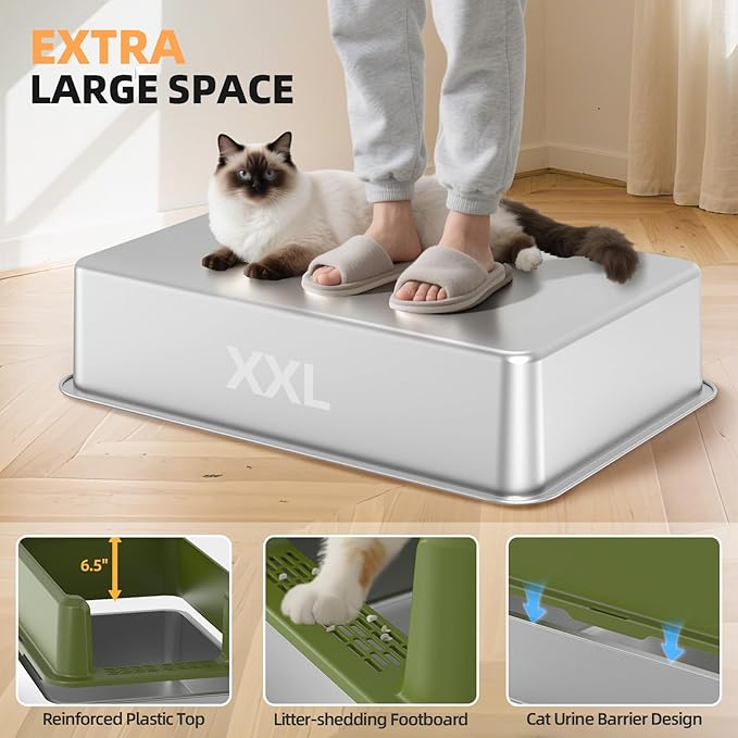 Enclosed Stainless Steel Cat Litter Box with Lid, XL Extra Large Litter Box for Big Cats, Metal Litter Pan High Sided, Never Absorbs Odors, Anti-Urine Leakage, Include Scoop (65-Green)