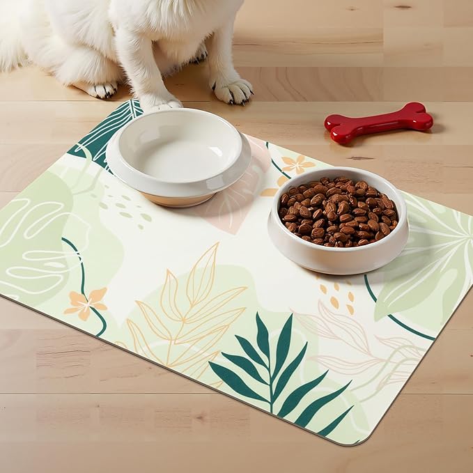 Topotdor Boho Dog Food Mat - Absorbent Quick-Dry Cat Bowl Mat for Food and Water, Non-Slip Pet Feeding Placemat for Messy Drinkers Dog Accessories Pet Supplies, 12"x20", Green