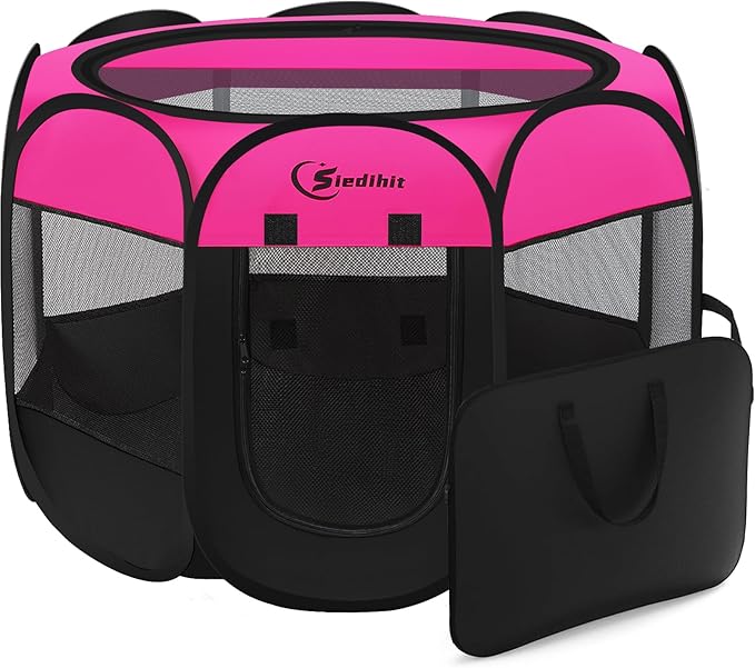Dog Cat Playpen, Large Puppy Pet Playpen, Dog Crate Tent Cage Indoor/Outdoor, Portable Pop Up Dogs Kennel Playpen with Carrying Case for Dogs/Cats/Rabbits, Hot Pink