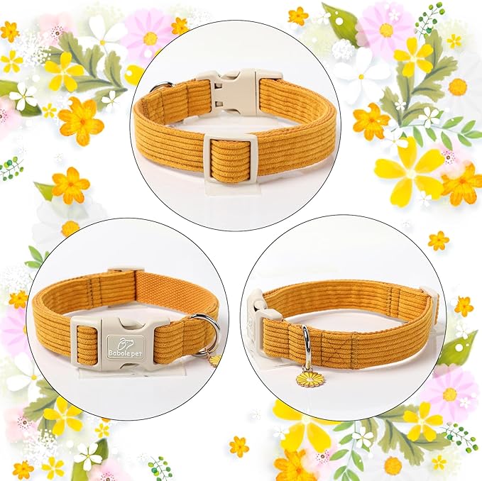 Cute Corduroy Dog Collar - Mustard Yellow Adjustable Dog Collars for X-Small Dogs 4-10lbs, Fade-Proof with Secure Snap & Little Charm, Christmas Birthday Gift, XS