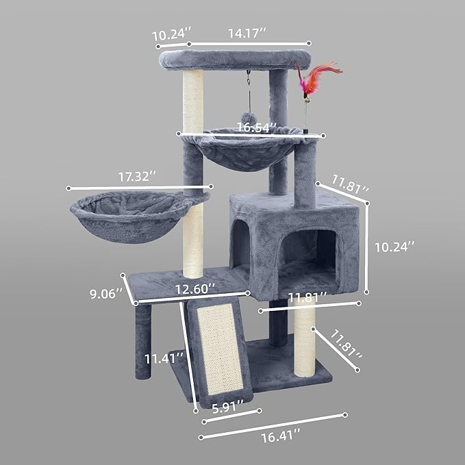 Cat Tree with Cat Condo and Two Hammocks, Cat Tree with Scratching Posts and Scratching Pads, Cat Tower for Indoor Cats, Activity Centre Climbing Tree with Playful Toy Balls, Grey