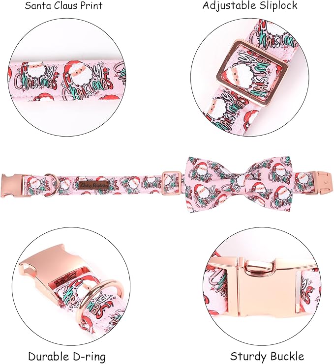 Christmas Dog Collar, Pink Christmas Santa Claus Dog Collar Bow Tie Pet Collars with Bow Adjustable Pet Collars with Premium Metal Buckle Dogs Necklace for X-Small Girl Dogs