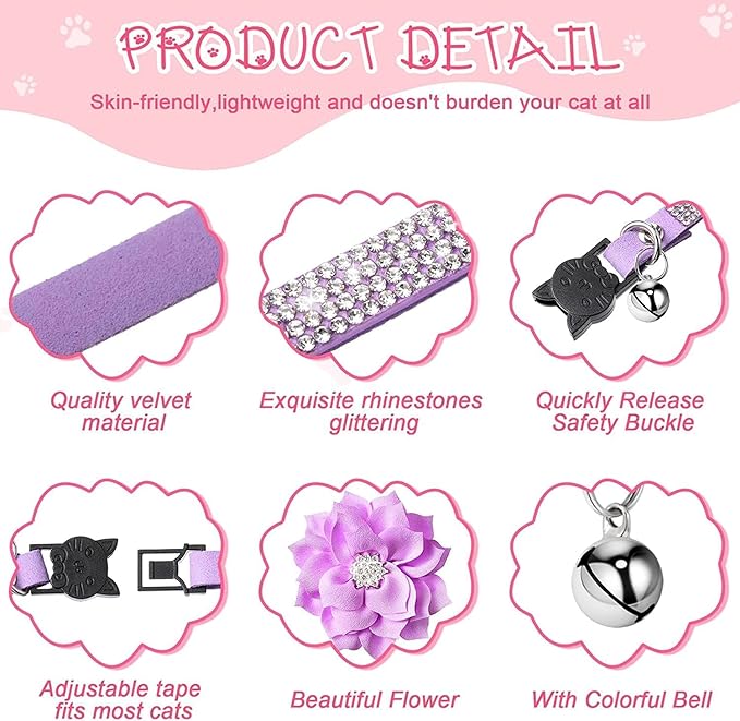 Cat Collars,Rhinestone for Girl Cats Bling Kitten Flower Adjustable Breakaway Collar with Bell Soft Velvet Leather Collar for Puppy Small Dogs (Pink)