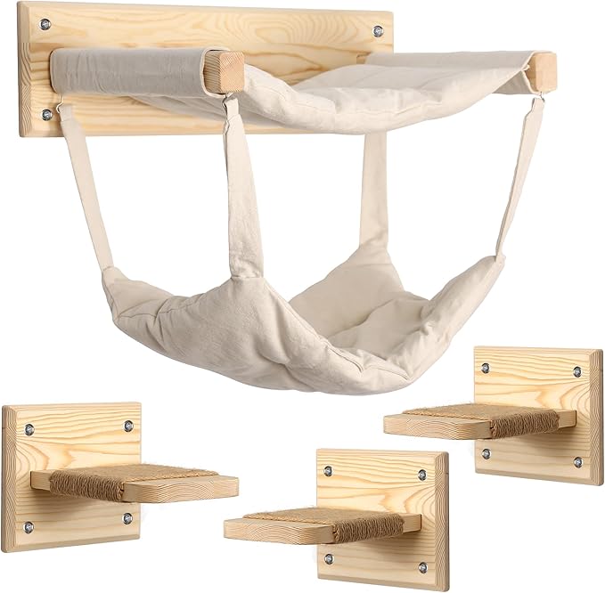 Wall-Mounted Cat Furniture with Double Hammock & Sisal Steps – Vertical Multi-Level Activity Center for Cats – Cozy Indoor Climbing Shelf, Perch, Playground & Scratching Steps