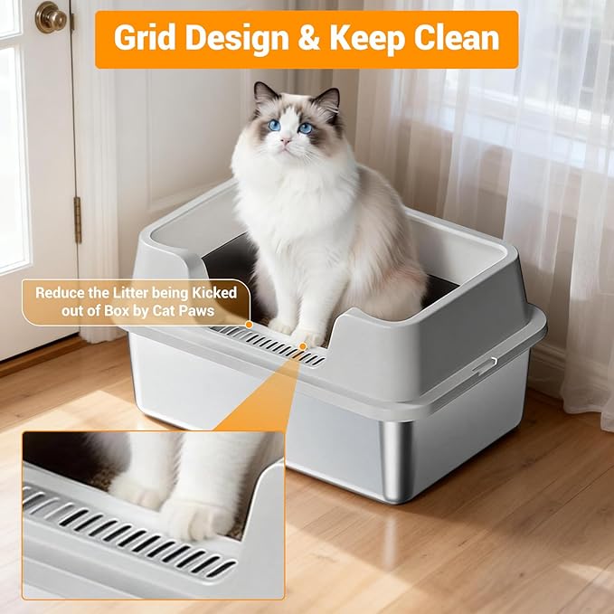 Stainless Steel Litter Box, XL Enclosed Cat Litter Boxes with Lid for Big Cats and Multi-Cats, High Sided, Anti-Urine Leakage Non-Stick Bottom Include Scoop Easy to Clean