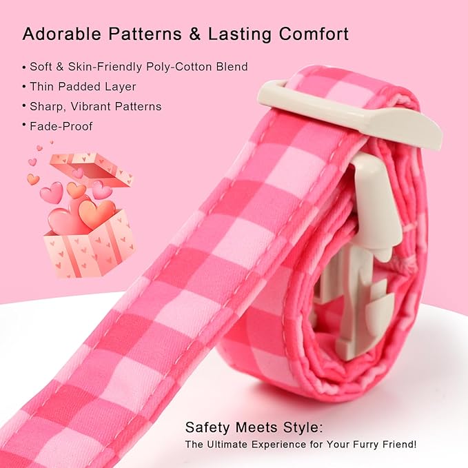 Girl Dog Collar for Large Dogs - Cute Pink Plaid Puppy Collar, Soft Adjustable Spring Summer Female Dog Collars with Quick Release Buckle L