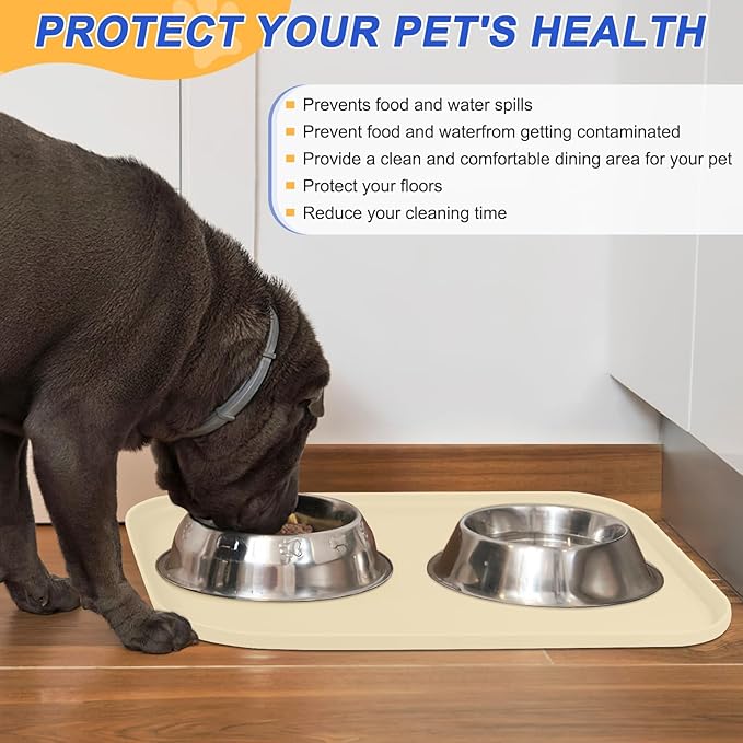 Silicone Pet Feeding Mat with Raised Edge for Food and Water, Dog Bowl Mats, Cat Bowls Placemat with High Lip for Floor Waterproof, Rubber Tray for Cats and Dogs 19 x 12 x 0.7 White Sand (Yellow Cast)