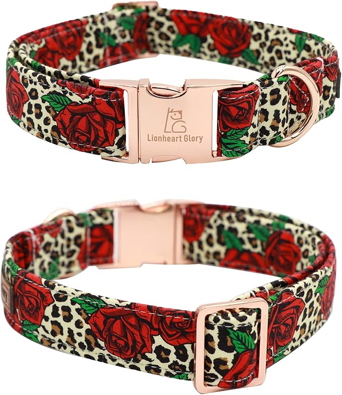 Lionheart Glory Dog Collar, Red Rose Dog Collar with Flower, Cute Floral Pattern Pet Collar Adjustable Dog Collar for X-Large Dogs