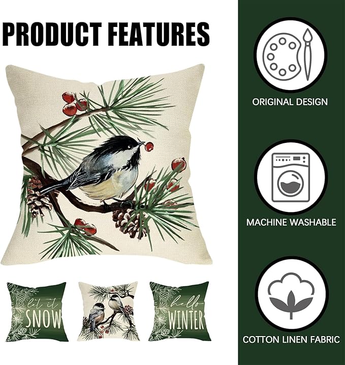 Fahrendom Hello Winter Green Decorative Throw Pillow Covers 20 x 20 Set of 4, Chickadee Pine Needle Branch Porch Patio Outdoor Pillowcase, Christmas Pine Cone Red Berry Sofa Cushion Case Home Decor