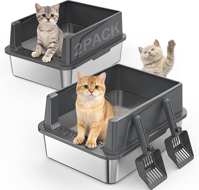 2PACK Stainless Steel Cat Litter Box with Lid, High-Sided Metal Litter Pan for Small Cats, Kitty Litter Box, Non-Stick & Odor-Resistant, Anti-Urine Leakage, Easy to Clean, Scoop Included