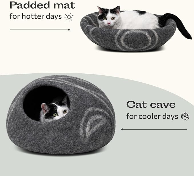 MEOWFIA Cat Cave – Premium Felt Cat Bed for Indoor Cats, Handmade Merino Wool (Dark Grey, Large)