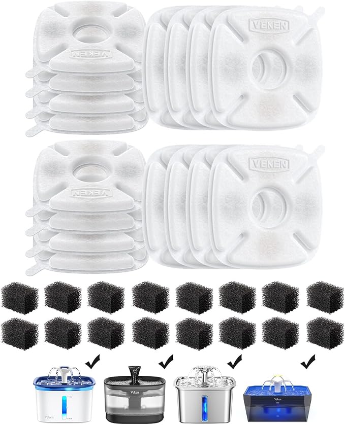 Veken Cat Water Fountain Filter, Classic 16 Pack Replacement Filters & 16 Pack Replacement Pre-Filter Sponges for 50oz, 84oz, 95oz or 108oz Automatic Pet Fountain Dog Water Dispenser