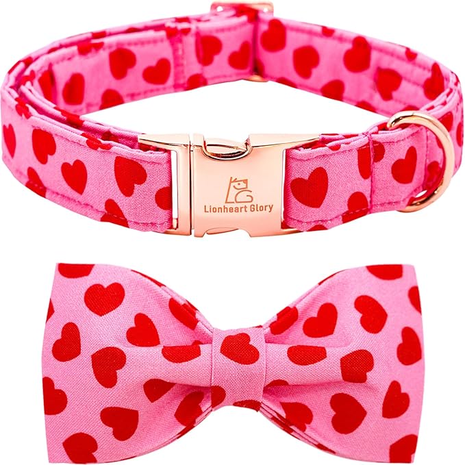 Lionheart glory Dog Bow Collar Valentine's Day Dog Collar for Medium Dogs, Hearts Dog Collars with Bowtie Spring Dog Collar Pet Collar Bows