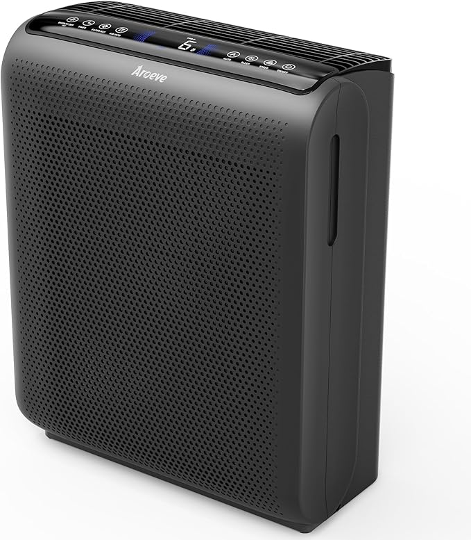 AROEVE Air Purifiers for Bedroom Home Large Room Up to 1504 Ft², 5 Layer Filter for Smoke Pollen Allergies Pet Dander Odor, Air Quality Monitor, Sleep Mode, Timer for Office, Dorm, Kitchen, MK07 Black