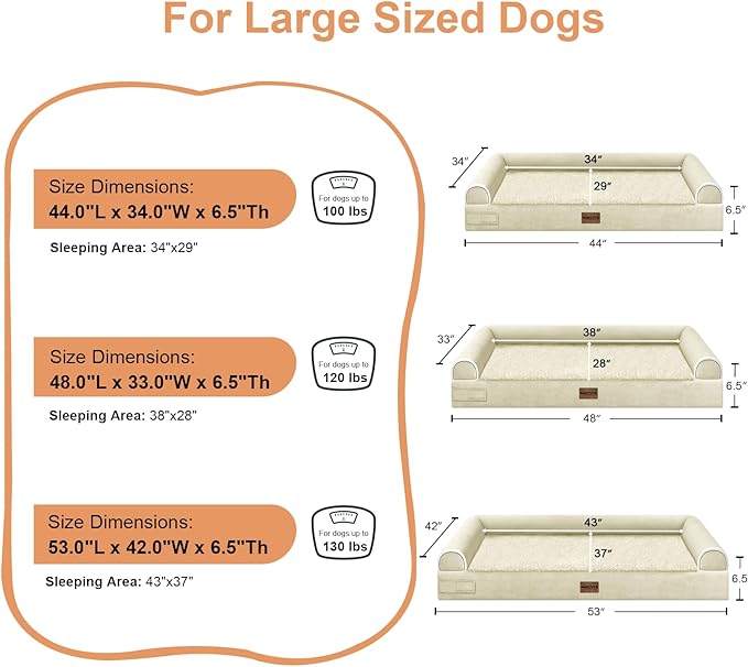 Large Dog Bed Orthopedic Washable: Jumbo Dog Bed Bolster Extra Large Dogs Egg Crate Foam Sofa Couch Waterproof Removable Cover - Beige