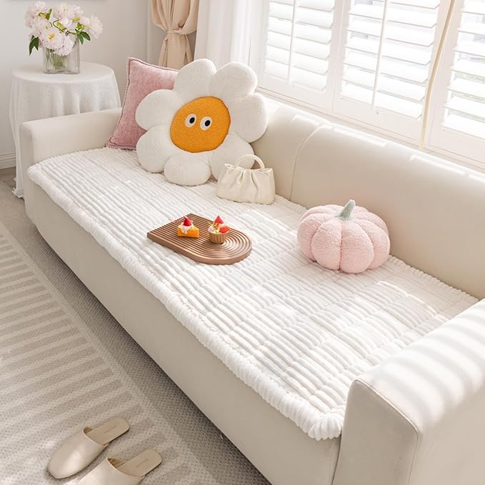 FUNNY FUZZY Pet Couch Covers for Sofa, Washable Dog Couch Cover Protector for Dogs, Flannel Couch Covers for Dogs Pet Friendly Pets Mat Bed Sofa Cover (White, 27.6"×82.7")