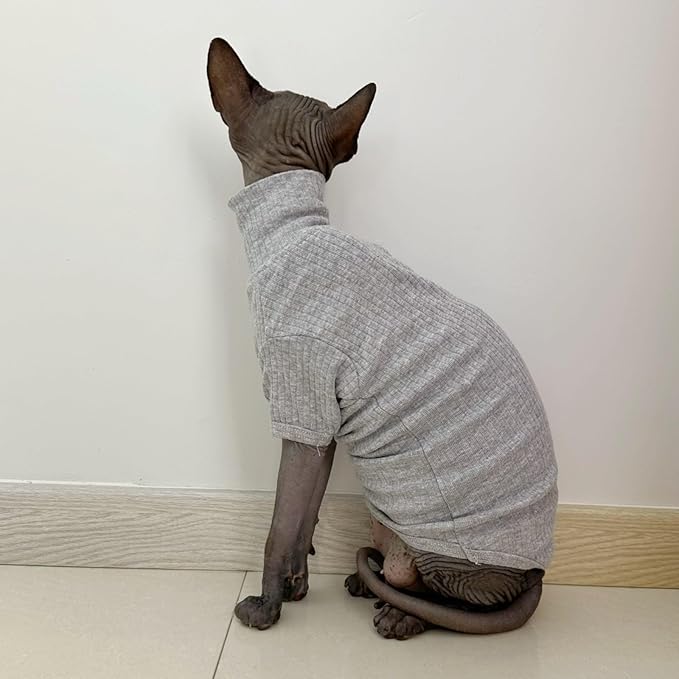 Sphynx Hairless Cats Shirt Cotton Cat Turtleneck Sweater Pullover Kitten T-Shirts with Sleeves Cat Pajamas Jumpsuit for Sphynx Cornish Rex, Devon Rex, Peterbald (Small (Pack of 1), Light Grey)