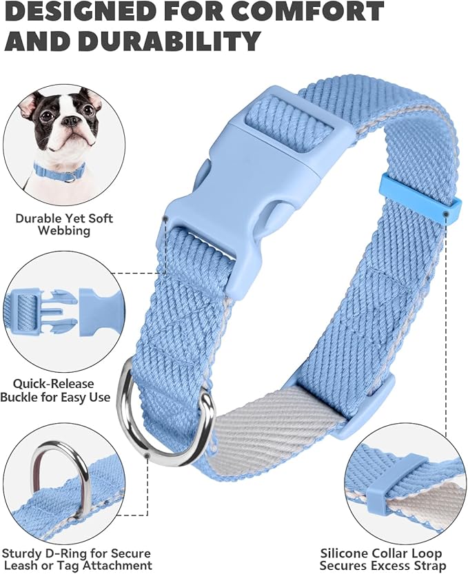 Dynmeow Soft and Breathable Cotton Dog Collar, Durable Adjustable Heavy-Duty Boy Pet Collar with Quick-Release Buckle, Lightweight for Sensitive Skin for Large Dogs, Light-Blue, L