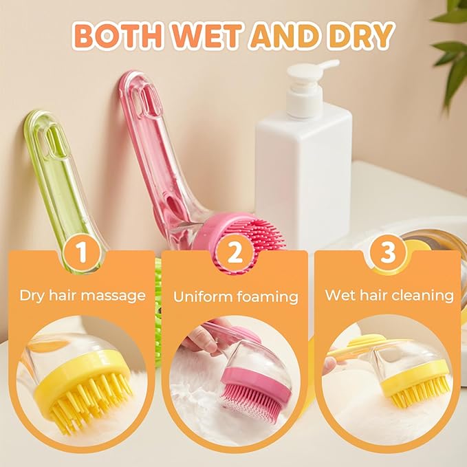 Pet Bath Brush, 2025 New 2 in 1 Dog Bath Brush with Built-in Shampoo Dispenser, Pet Wash Brush for Bathing Dog Grooming Massage Brush for Long Short Haired Dogs Cats Shower (Yellow, Fine teeth)