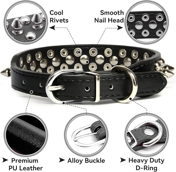 Spiked Dog Collar Soft Pu Leather Mushrooms Rivet Spike Studded Puppy Adjustable Pet Collars for Small Breeds (M, Light Blue Set)