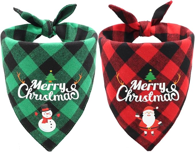 Christmas Dog Bandanas 2PCS-XLarge,Classic Plaid Triangle Holiday Scarf with Santa and Snowman Prints,Winter Pet Outfit for Boy and Girl Dogs,Red Green Plaid Dog Costume for Extra Large Dogs