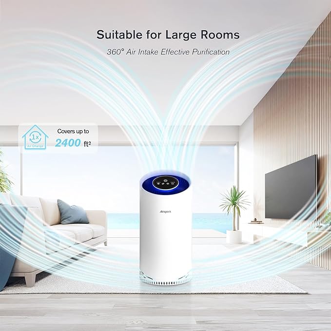 Air Purifiers for Home Large Room Bedroom Up to 2400 Ft² with 4-Stage Ture HEPA. Airspark Air Filter Captures 99.99% Dust Smoke Pollen Daner. Air Cleaner for Pet Hair Odor Eliminator 22dB Night Light