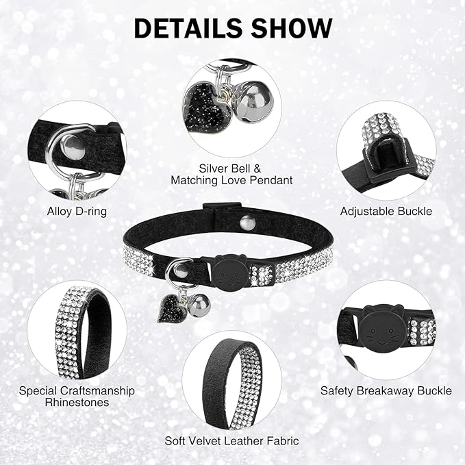 Rhinestone Cat Collar Breakaway with Bell, Diamond Cat Collar with Safety Buckle Quick Release for Girl Boy Small Kitten Pets Puppy,Cute Soft Female Male Cat Collars, Color Black 8-12"