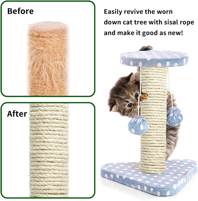 Natural Sisal Rope 1/4 Inch 6mm 164-Feet for Cat Scratching Post Tree Tower Replacement Repair and Replace, DIY Hemp Twine Rope for Cat Scratching Furniture Window Perch and Crafts Gardening